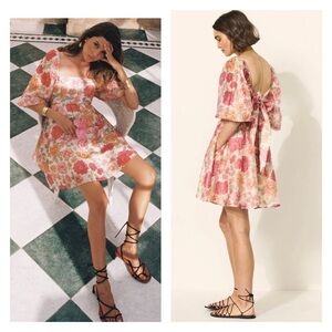 Kivari Pink Floral Blake Tie Back Puff Sleeve Mini Dress Size 2